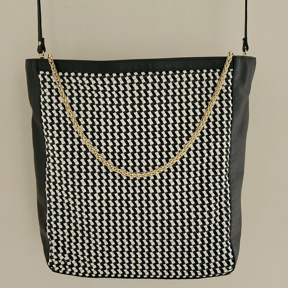 Tory Burch Erica Hobo Bag in Black and White Woven Leather
